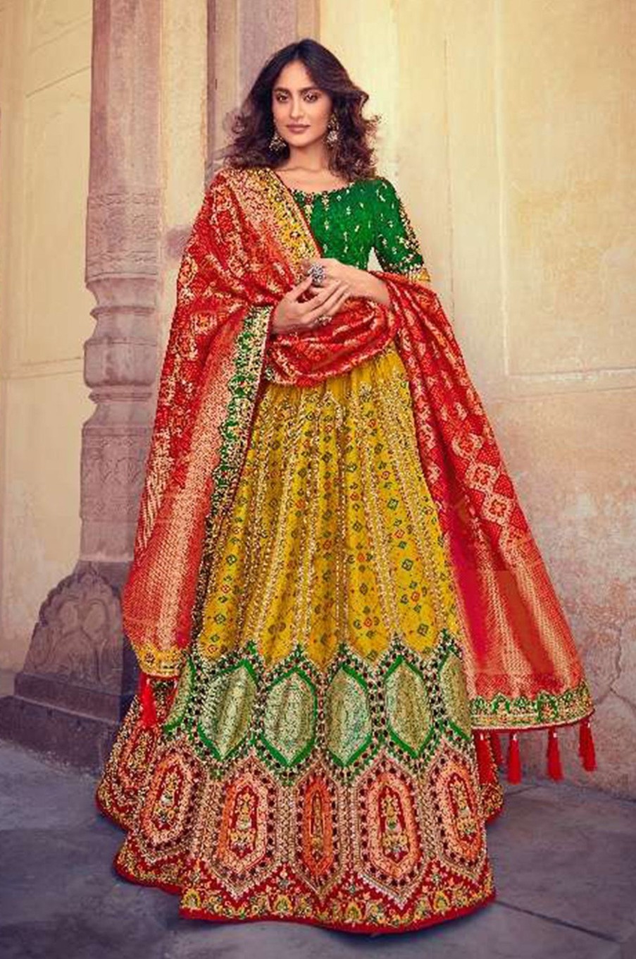 Women Palkhi | Red Green And Yellow Color Bridal Lehengha Choli (L0285)