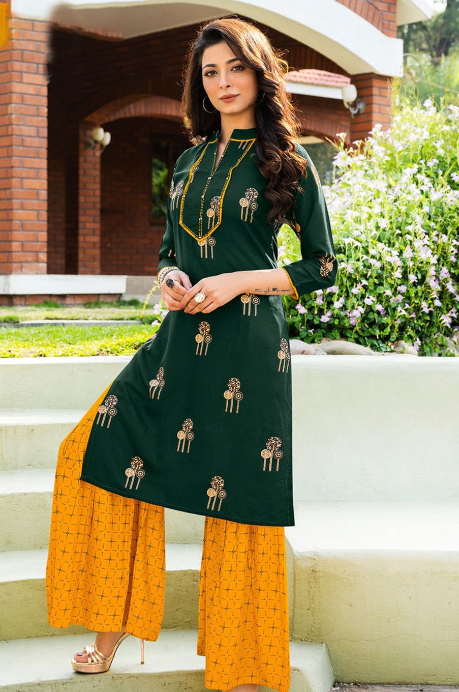 Women Palkhi | Dark Green And Yellow Color Gold Print Dress (D1126)