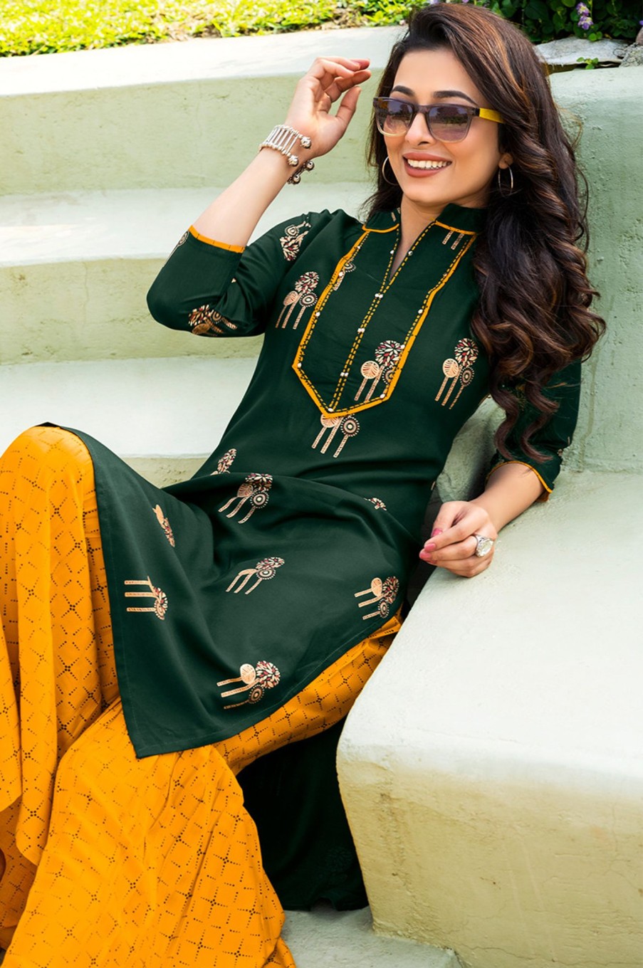 Women Palkhi | Dark Green And Yellow Color Gold Print Dress (D1126)