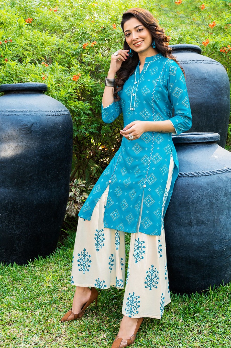 Women Palkhi | Turquoise Color Gold Print Dress (D1125)