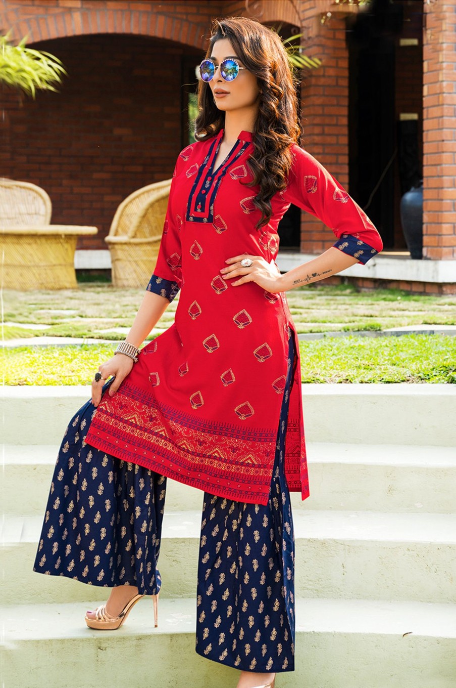 Women Palkhi | Red And Blue Color Gold Print Dress (D1124)