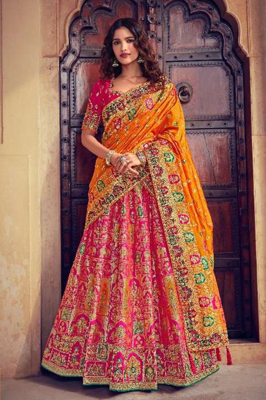 Women Palkhi | Pink And Orange Bridal Lehengha Choli (L0288)