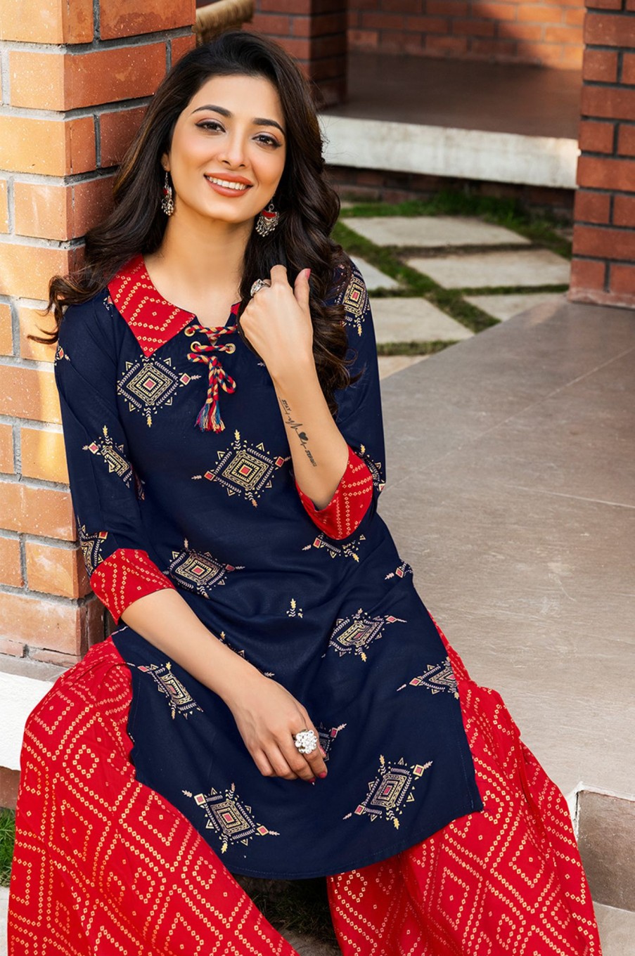 Women Palkhi | Navy Blue Color Gold Print Dress (D1127)