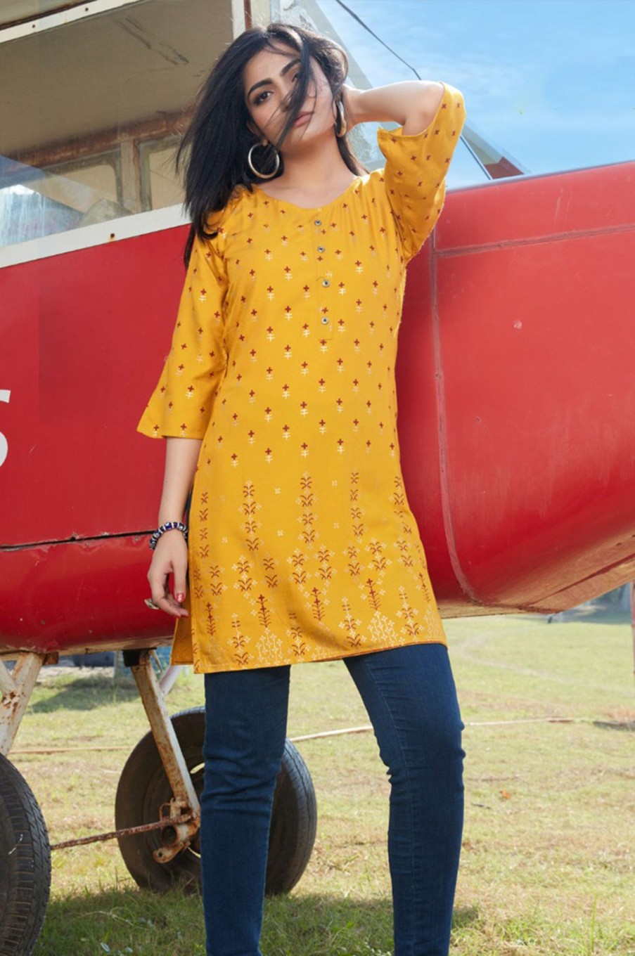 Women Palkhi | Yellow Color Short Kurti (D1344)