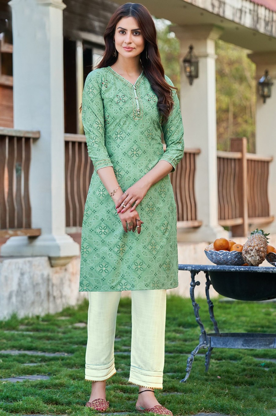 Women Palkhi | Light Green Color Bandhej Print Dress (D1134)