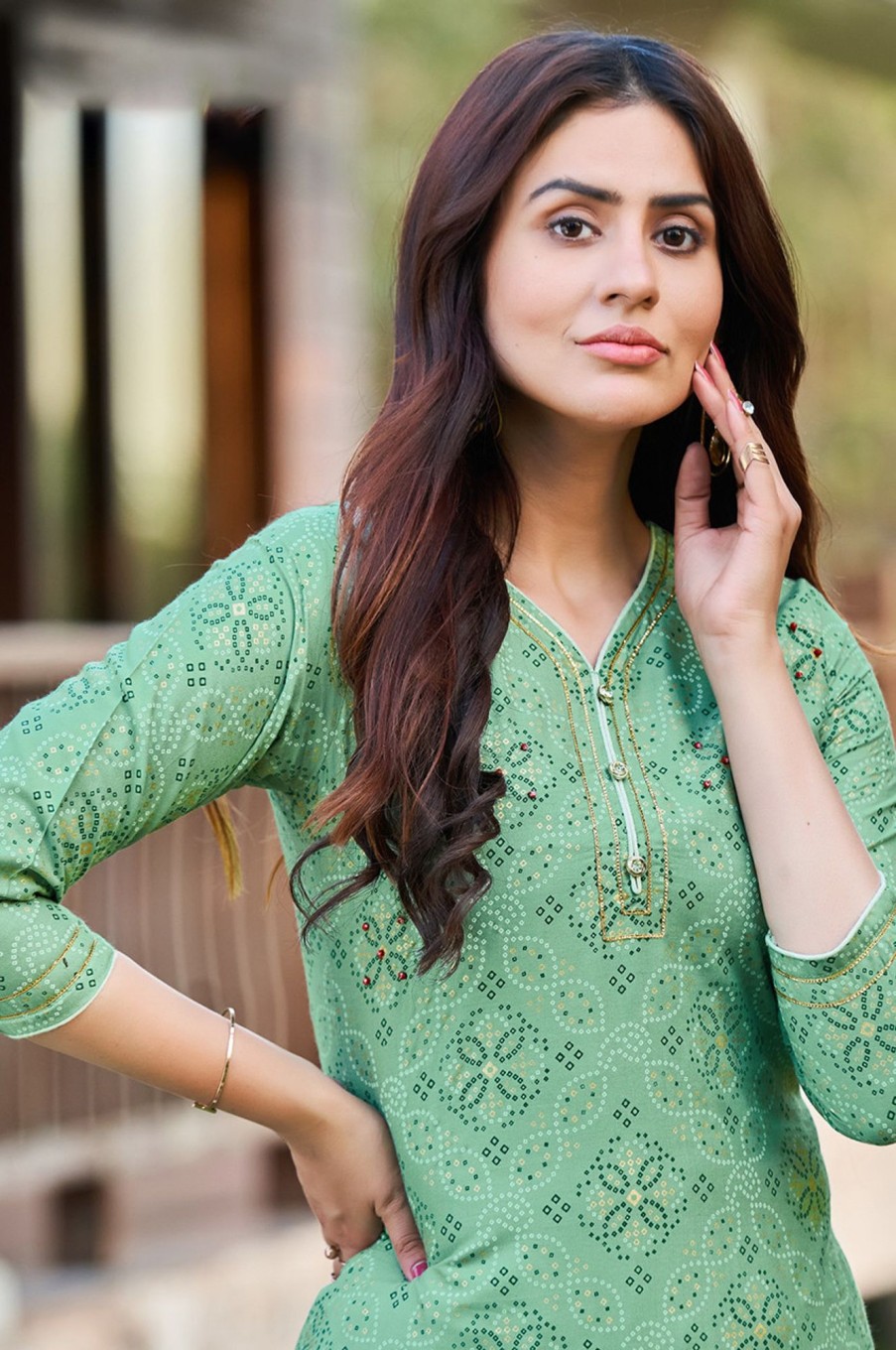 Women Palkhi | Light Green Color Bandhej Print Dress (D1134)