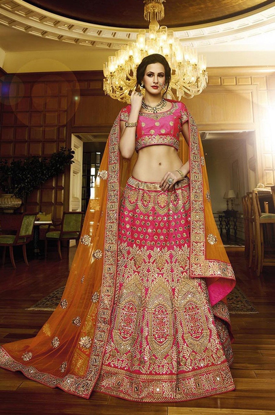 Women Palkhi | Pink And Orange Bridal Lehenga Choli (L0143)