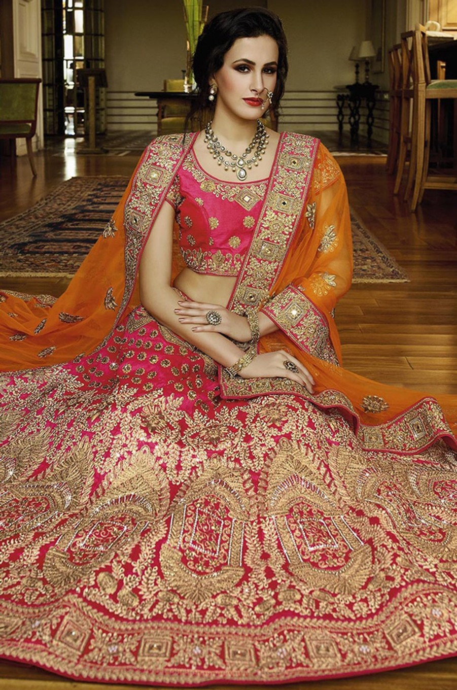 Women Palkhi | Pink And Orange Bridal Lehenga Choli (L0143)