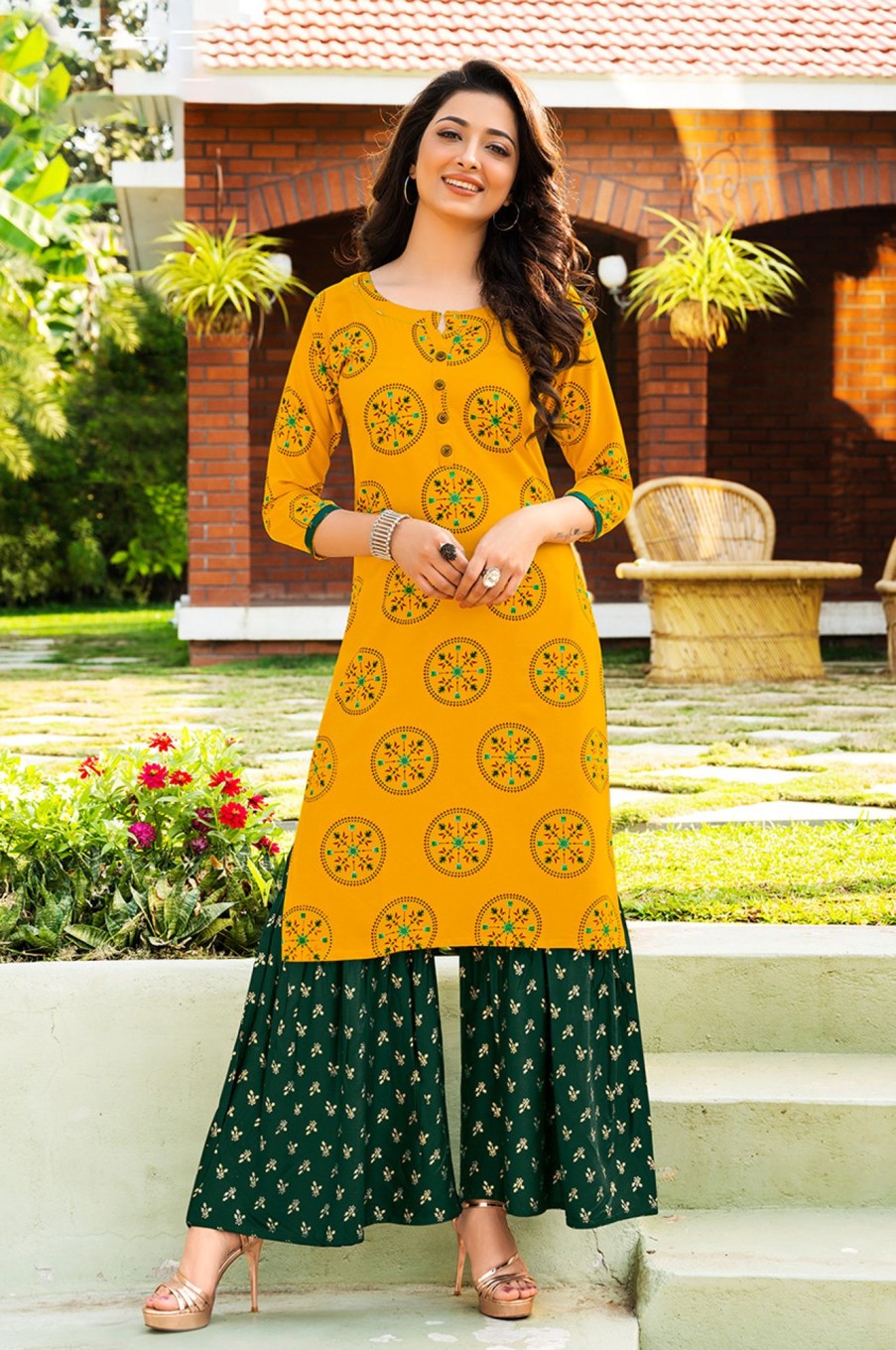 Women Palkhi | Yellow And Green Color Gold Print Dress (D1129)